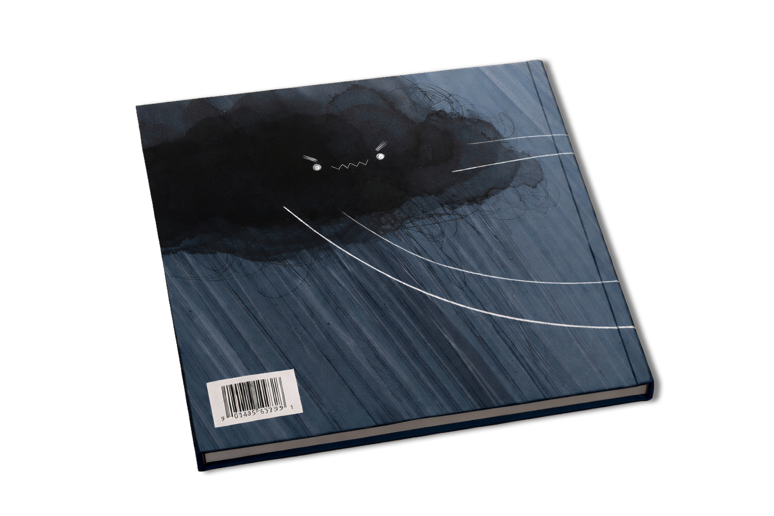A closed notebook with a cover illustration of a dark storm cloud and cartoonish angry face, with white streaks representing rain against a dark background.