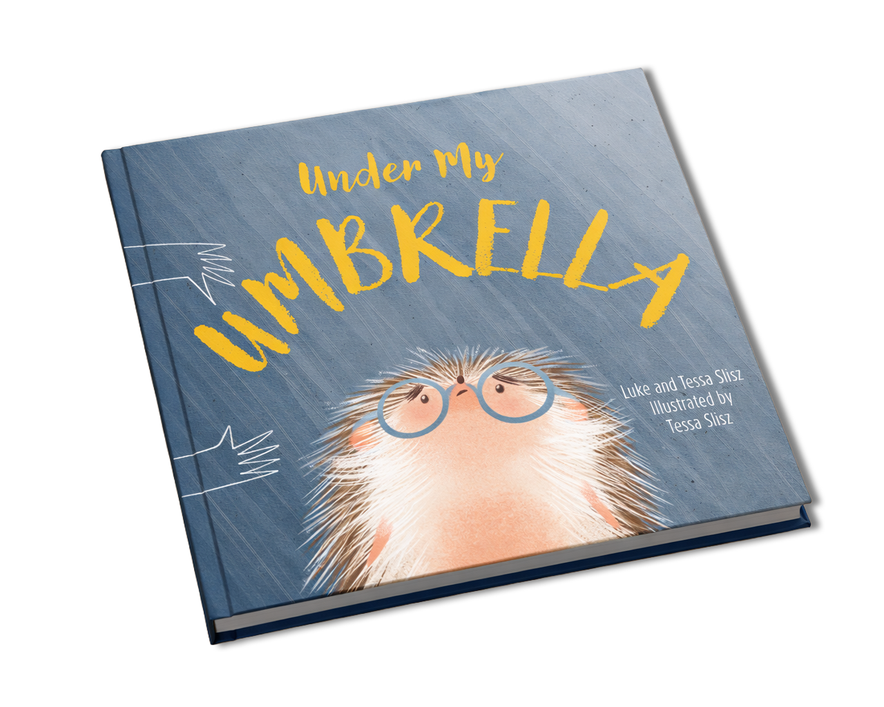 Children's book titled 'Under My Umbrella' featuring a cute illustrated hedgehog with glasses on the cover