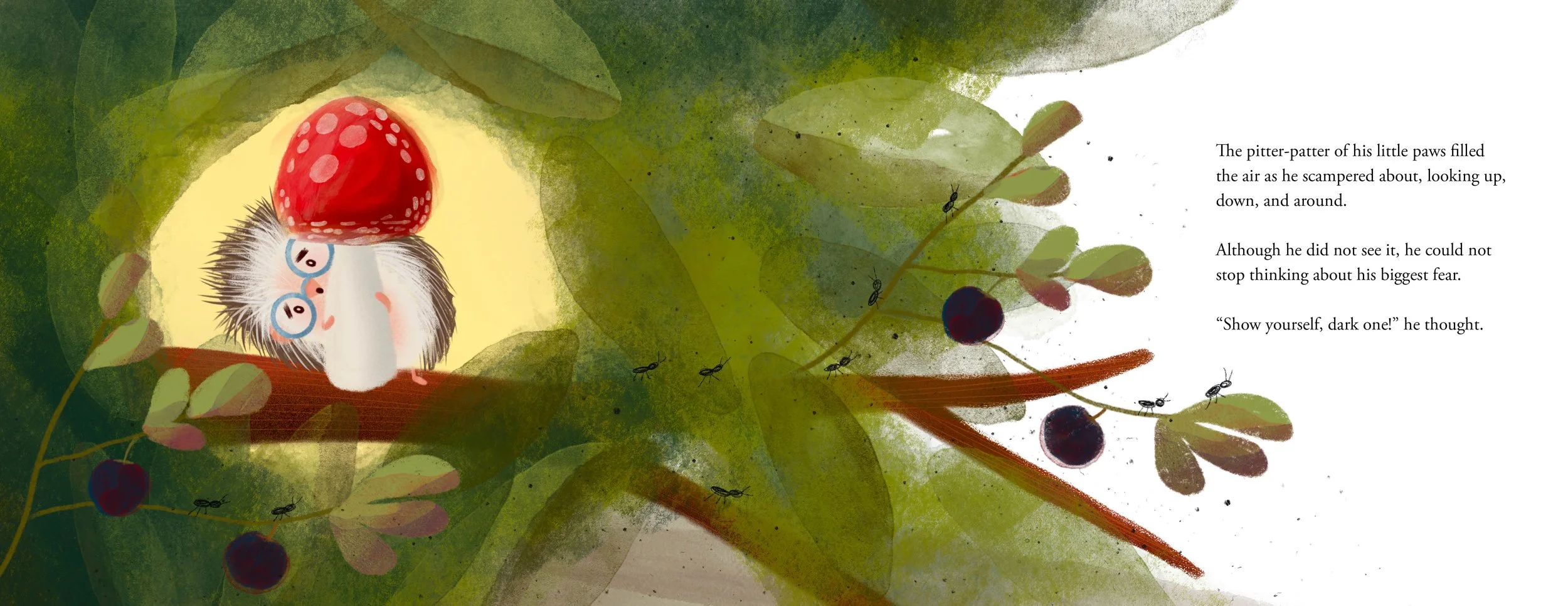 An illustrated mouse with a red mushroom on its head, wearing glasses, sitting on a tree branch surrounded by green leaves and black berries, with a white background on the right side containing text.