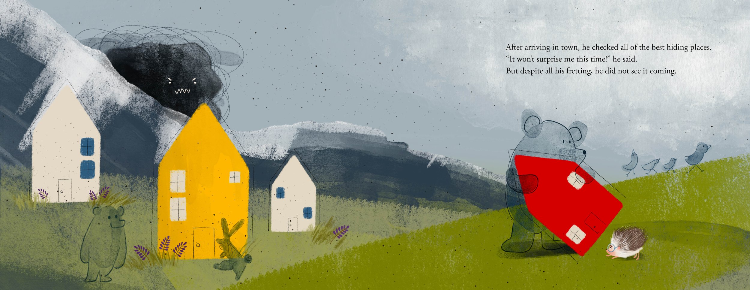 A whimsical illustration of a hillside village with white and yellow houses, a dark cloud with a menacing face, a bear holding a red suitcase, a small hedgehog, and birds in the sky. Text on the image mentions a character checking hiding spots and no