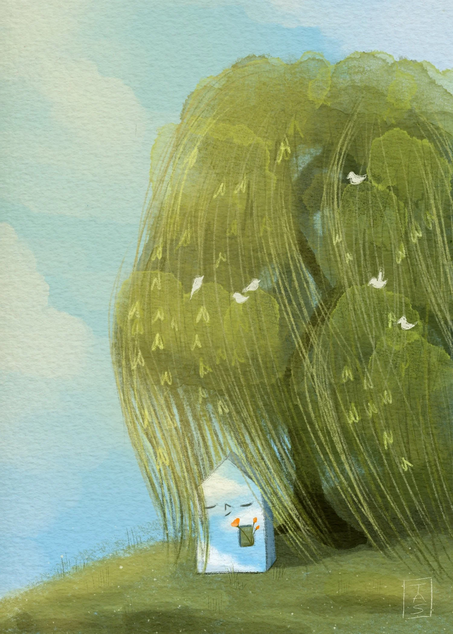 A whimsical illustration of a small, house-shaped creature with a smiling face, closed eyes, and rosy cheeks, sitting under a large, leafy tree with hanging moss. Several white birds are flying around the tree on a bright, partly cloudy day.