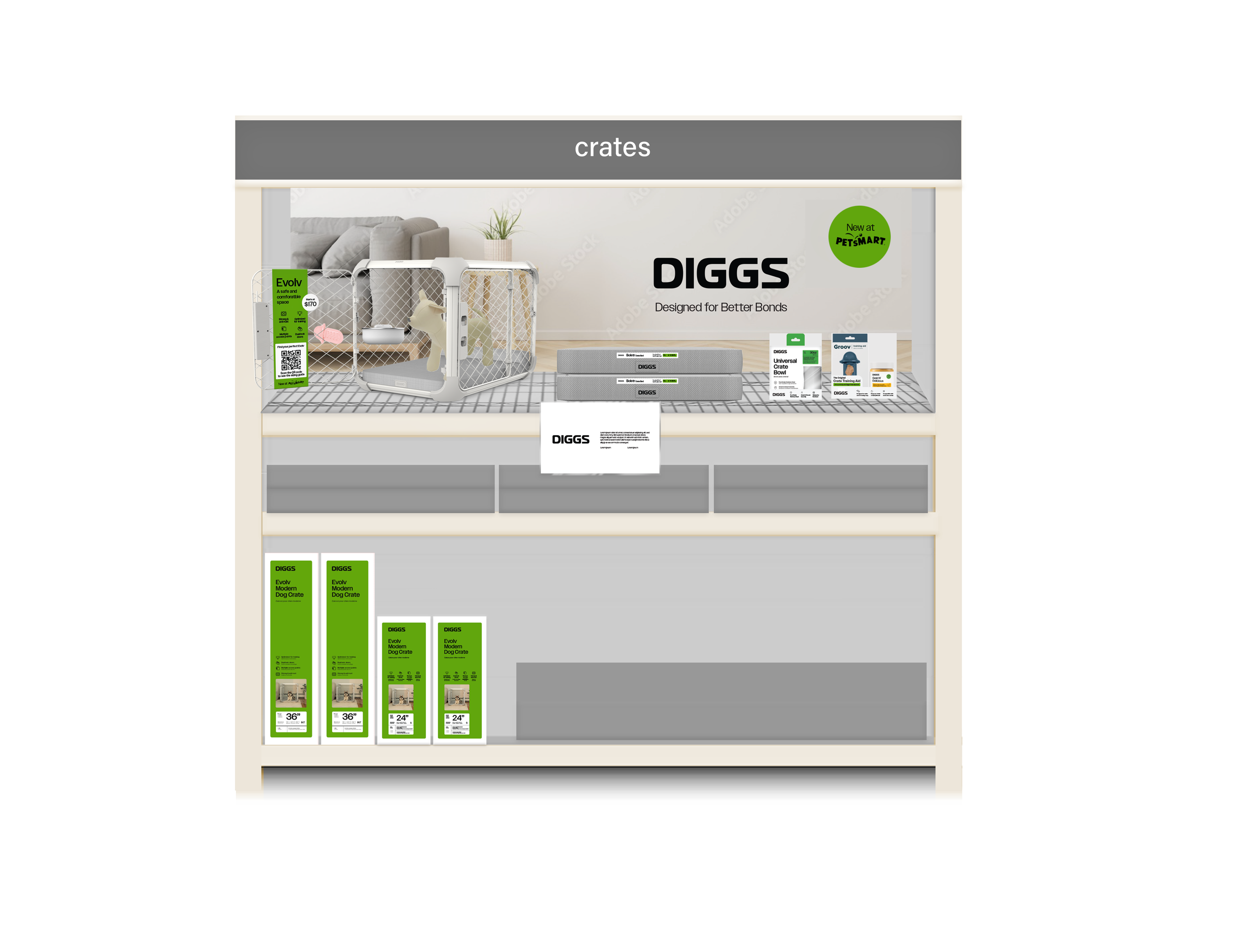 Display shelf with pet crates and accessories, including a white wire pet crate, promotional signs, and product packaging for pet bonding products.