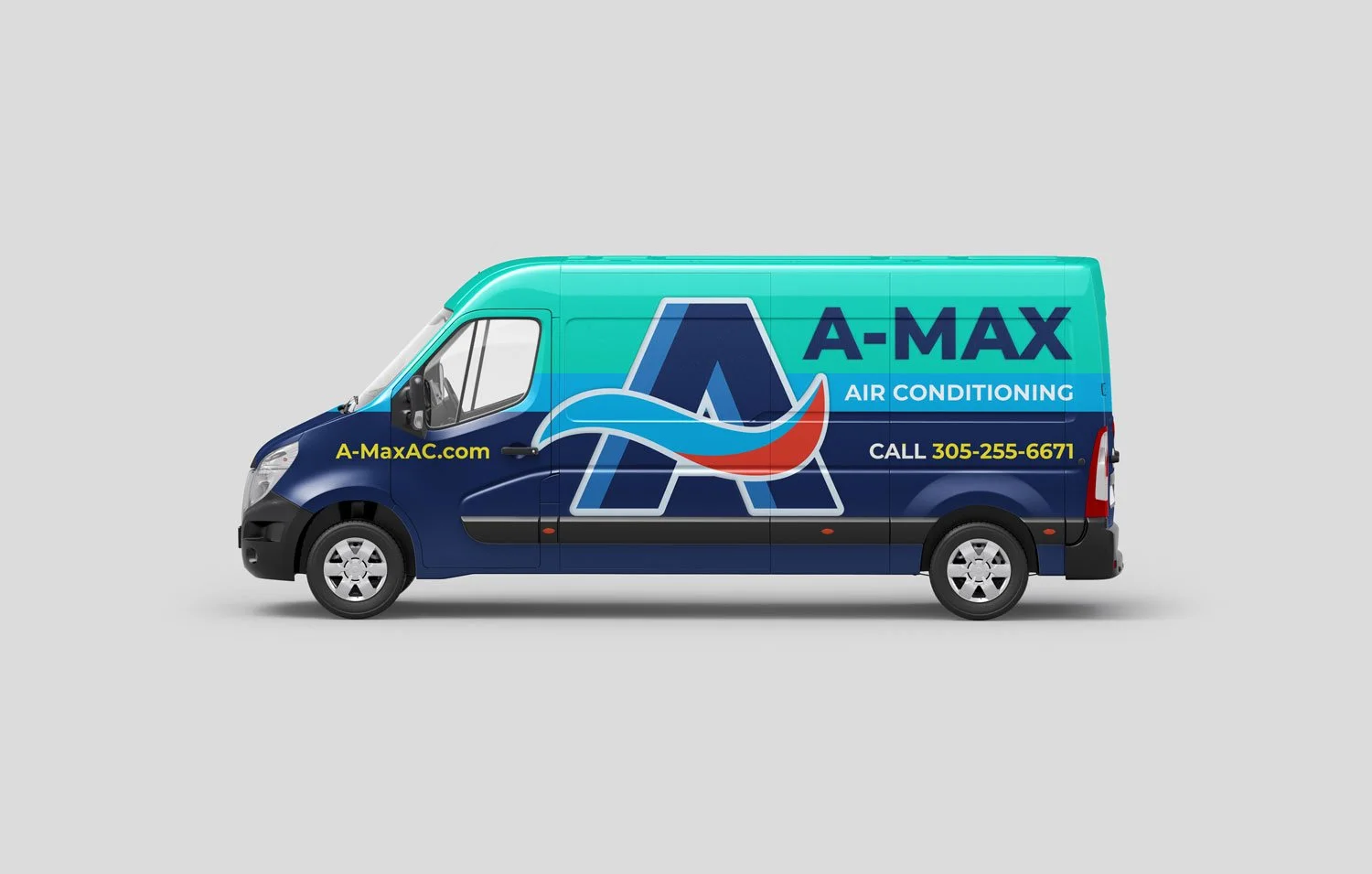 Side view of a service van for A-Max Air Conditioning with blue and teal color scheme, logo, website, and contact number.