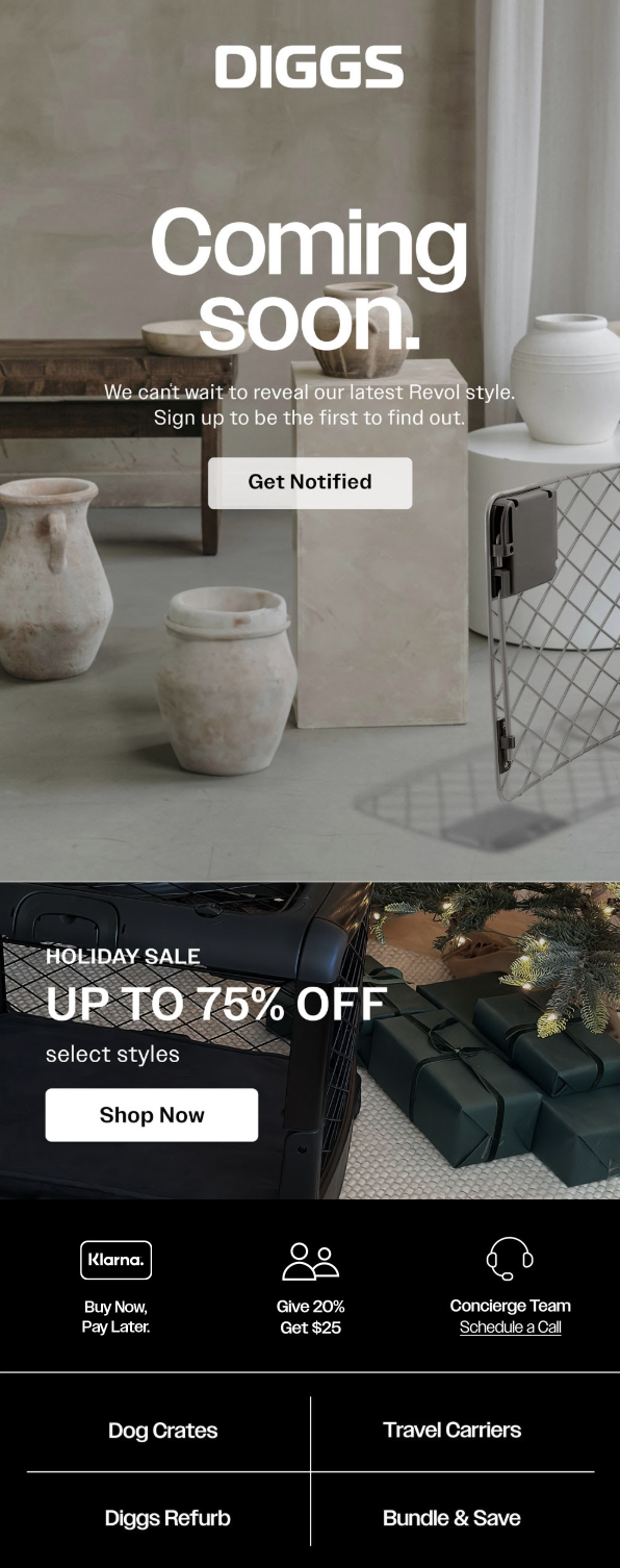 An advertisement for Diggs, featuring upcoming product releases and a holiday sale with discounts up to 75%. The background shows decorative pottery and a shopping cart with holiday presents and Christmas tree lights.