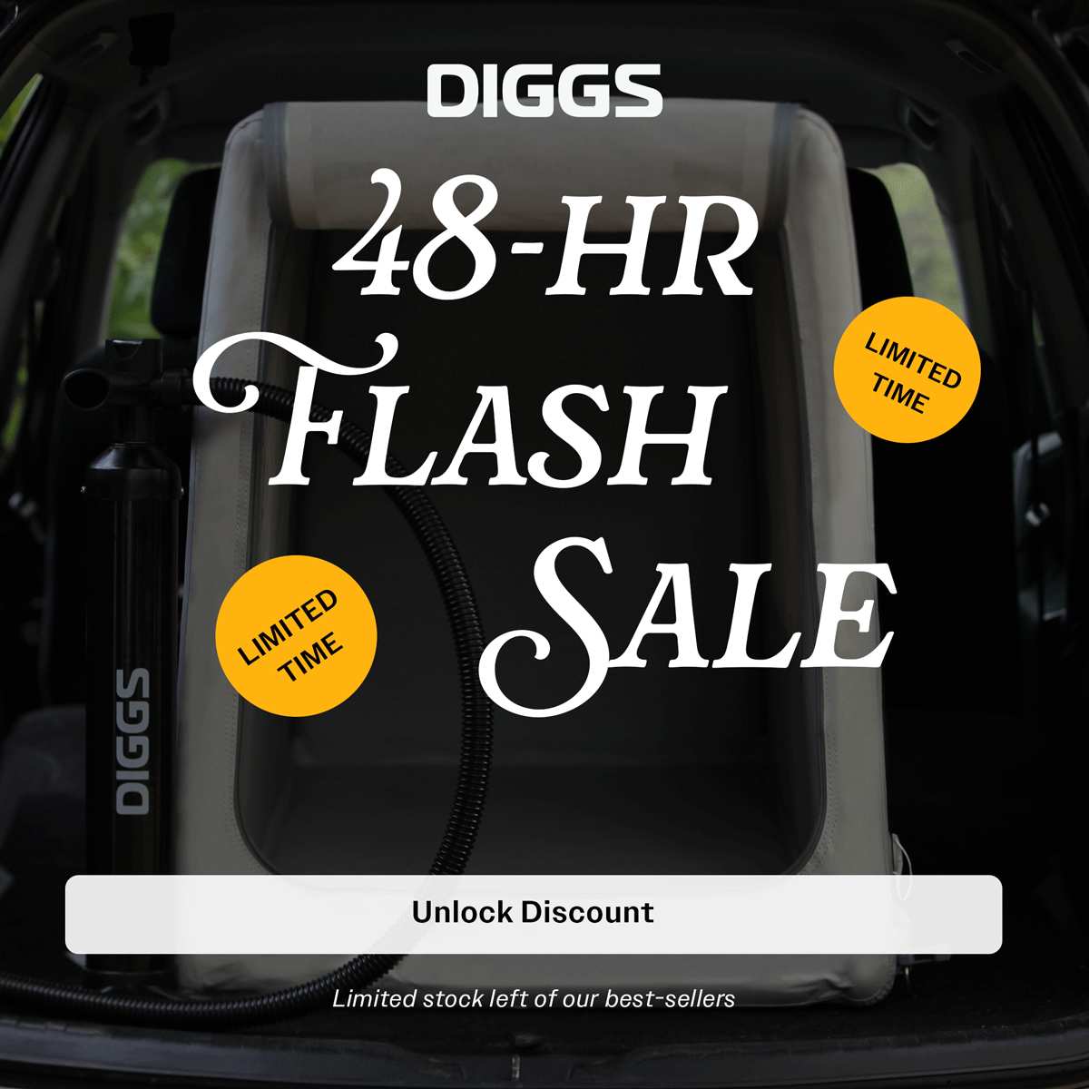 Advertisement for Diggs 48-HR Flash Sale with limited time offers, featuring a vacuum cleaner with a label saying 'Limited Time' and an option to unlock a discount.