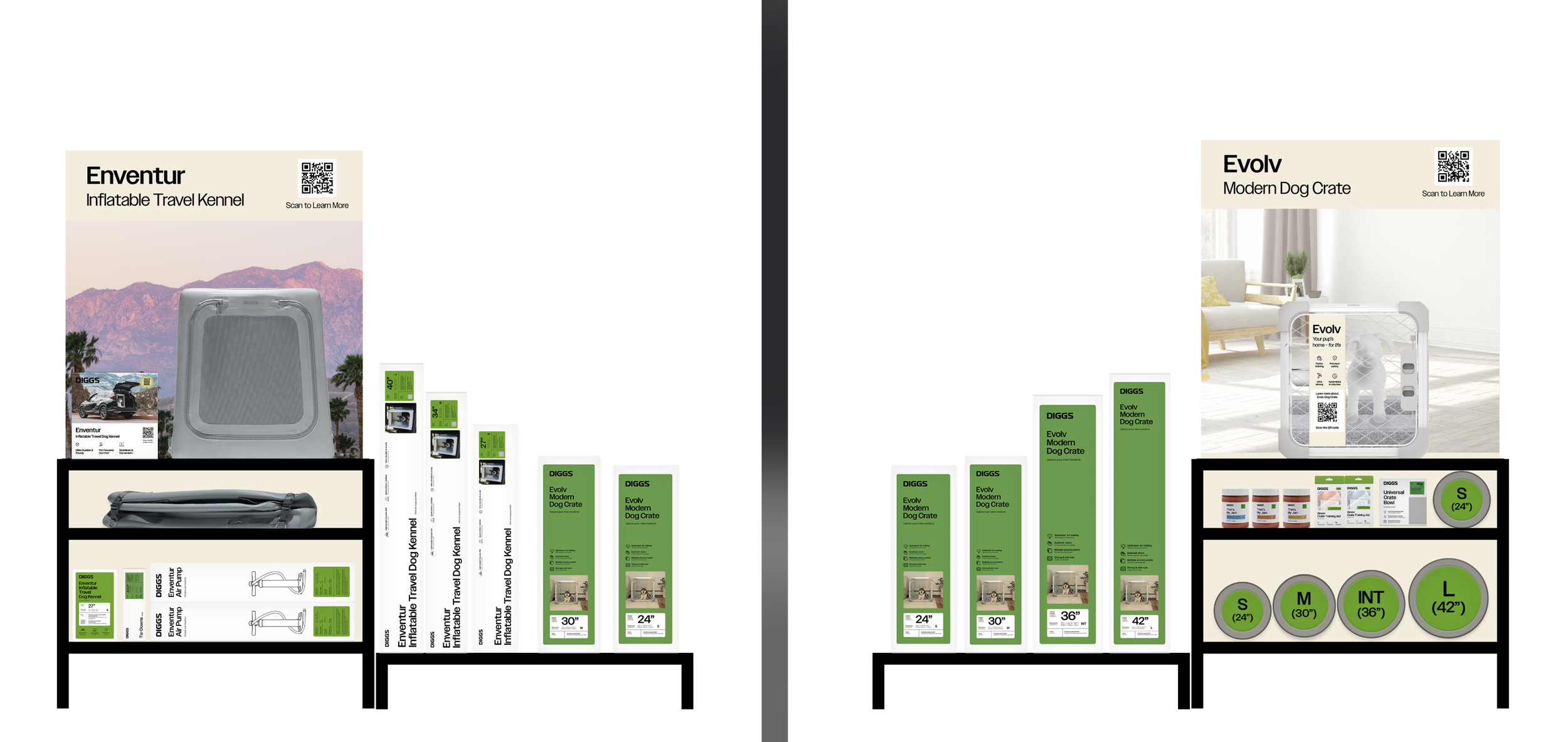 Display of dog crates and accessories, with two different product lines: Enventur inflatable travel kennel and Evolv modern dog crate, each with packaging and product information.