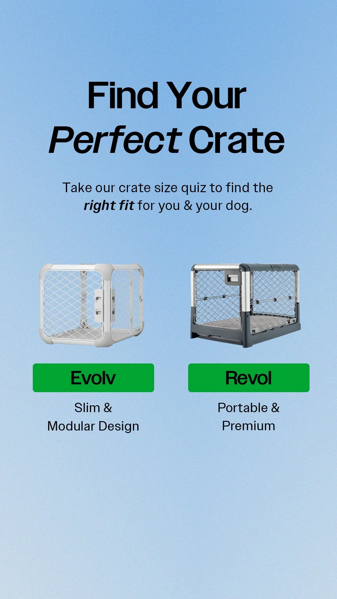 A promotional graphic comparing two dog crates, Evolve and Revol, with descriptions indicating Evolve is slim and modular, and Revol is portable and premium.