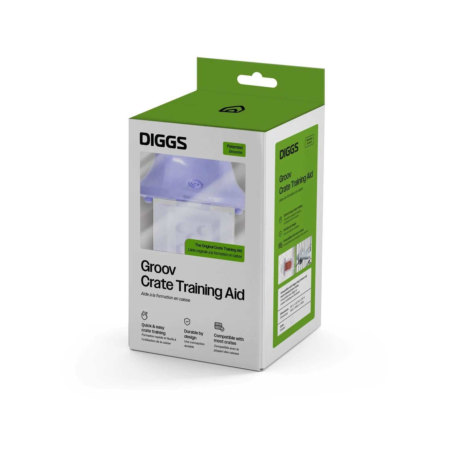 Green and white box of Diggs Groov Crate Training Aid for dog crate training, with an image of the device emitting light.