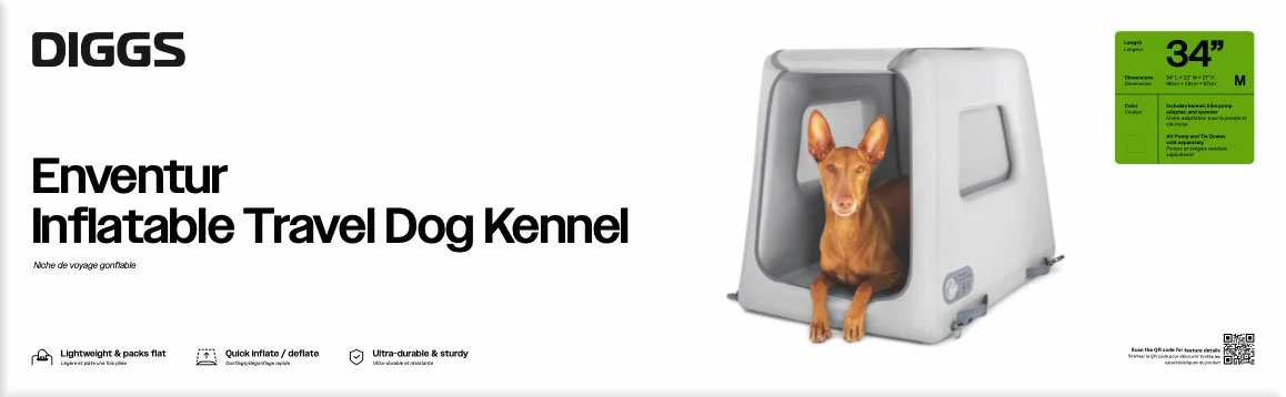 Packaging box for an inflatable travel dog kennel, with a photo of a dog sitting inside the kennel, and text indicating it is lightweight, quick to inflate, and durable.
