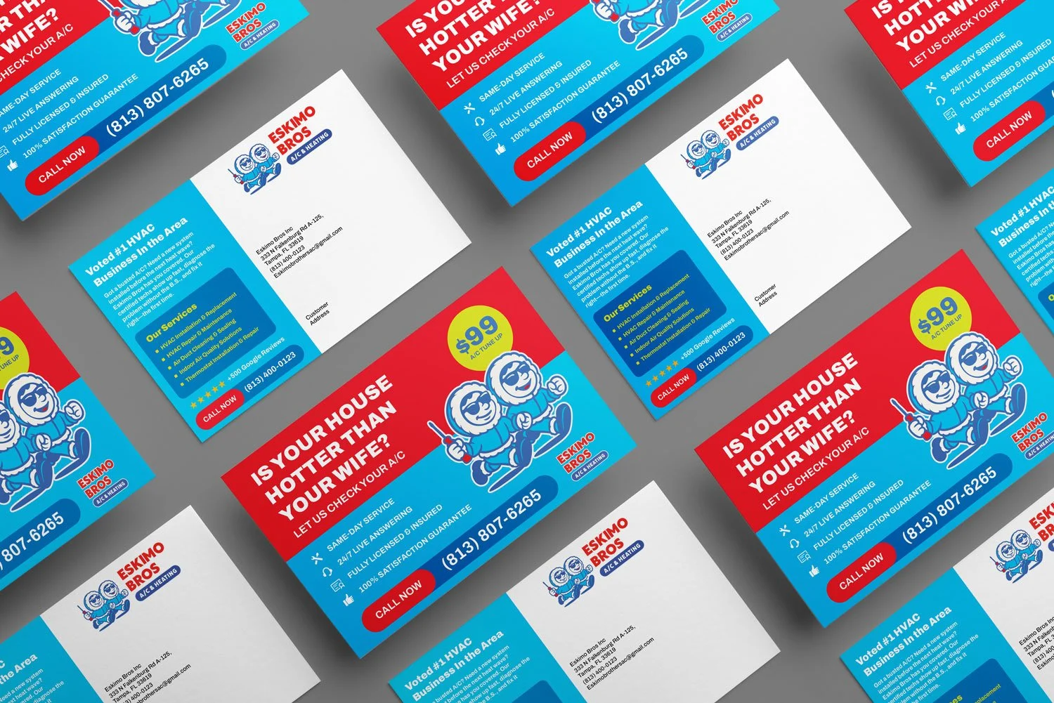 Multiple copies of a flyer for Eskimo Bros HVAC company with a red and blue color scheme, featuring a cartoon Eskimo character, asking if your house is hotter than your wife, and offering HVAC services for $99.