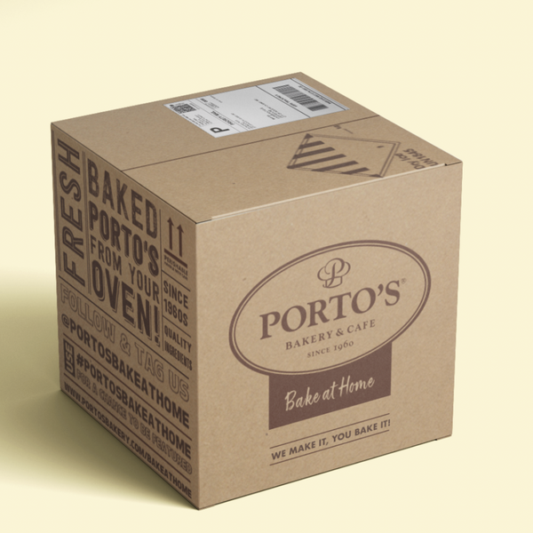A cardboard box from Porto's Bakery & Cafe on a light yellow background, with branding and shipping labels.