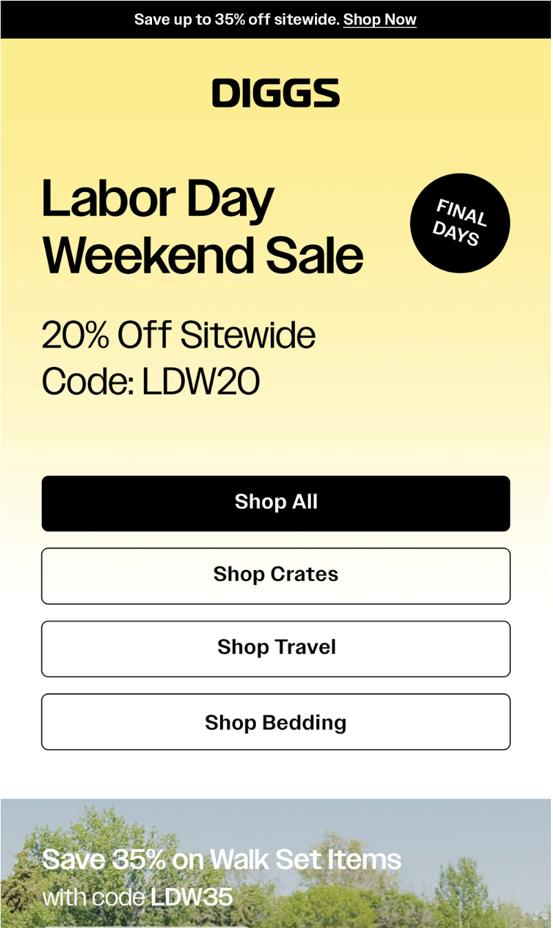 Digital advertisement for Diggs Labor Day Weekend Sale offering 20% off sitewide with code LDW20 and additional savings on walk set items with code LDW35, featuring buttons to shop all categories, crates, travel, and bedding.