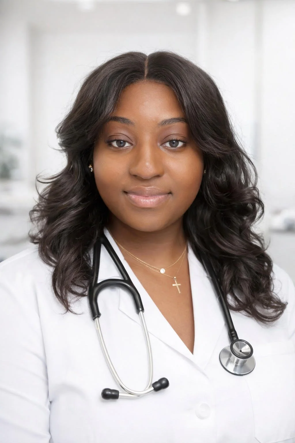 A young African American female doctor with dark, curly hair, wearing a white medical coat and a stethoscope around her neck, smiling gently in a medical office setting.