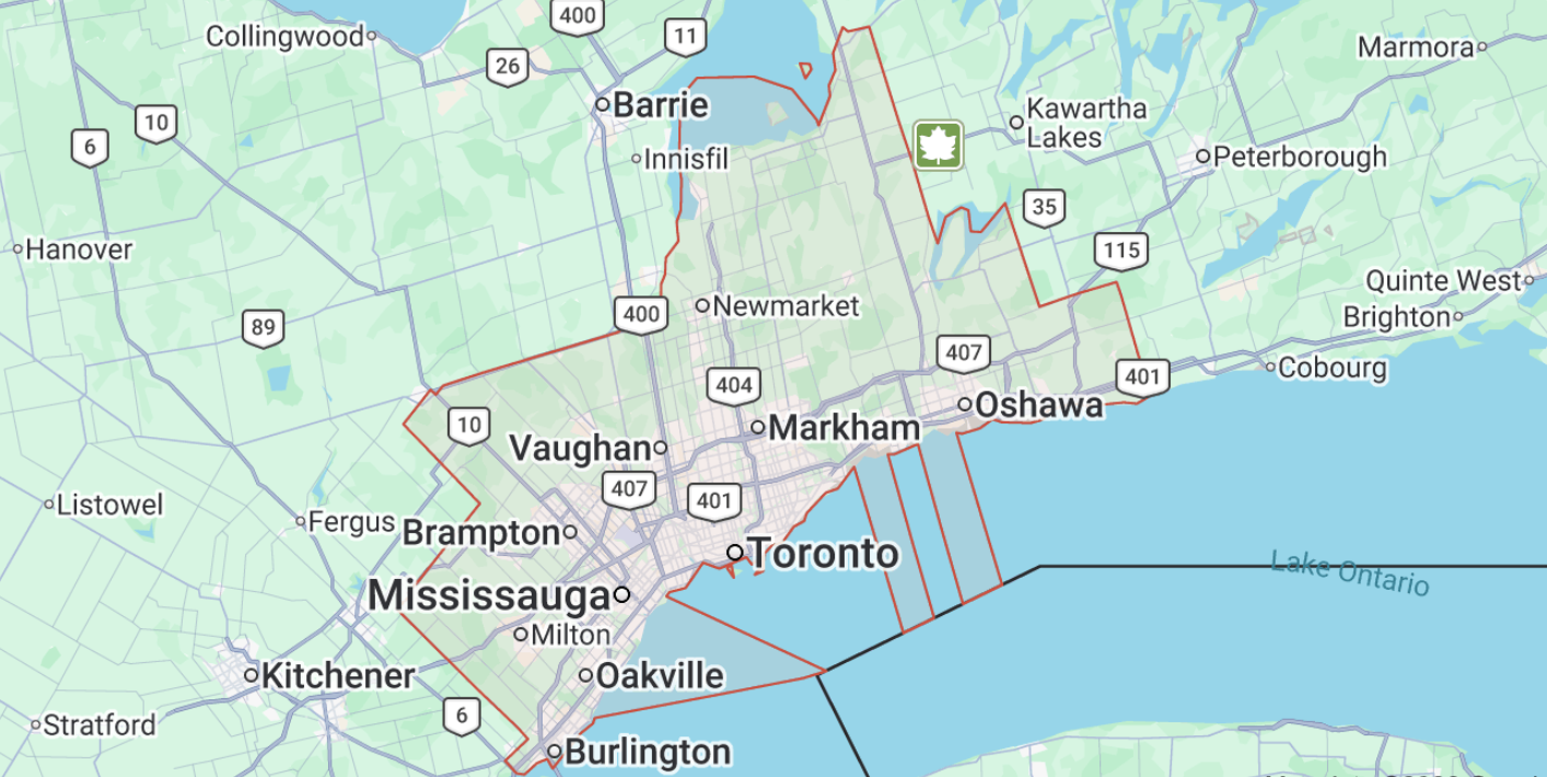 Map showing parts of Ontario, Canada, including Toronto, Oshawa, Mississauga, Brampton, and surrounding areas, with roads, lakes, and regional boundaries marked.