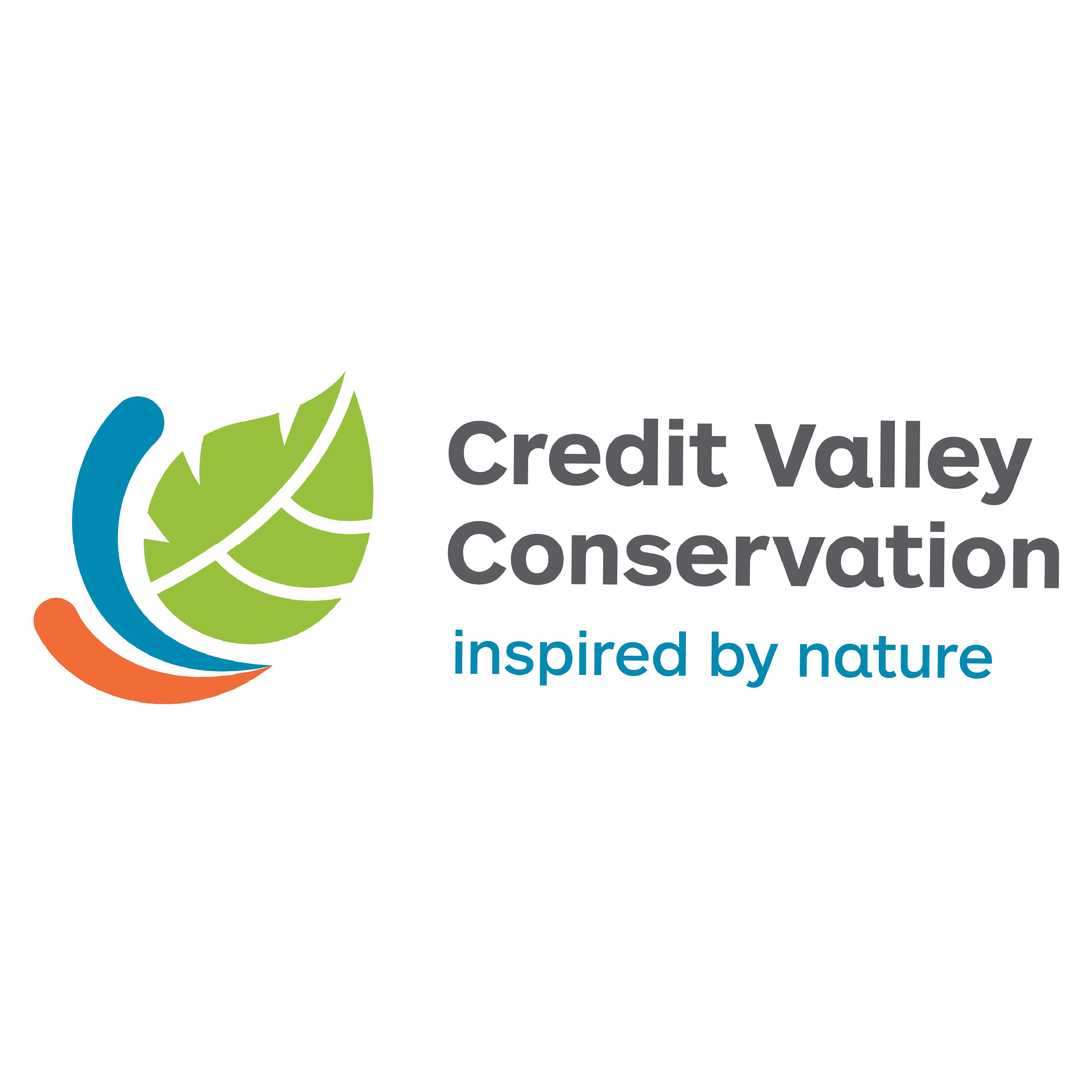 Logo for Credit Valley Conservation featuring a stylized green leaf and blue curved line with the text 'Credit Valley Conservation inspired by nature'.