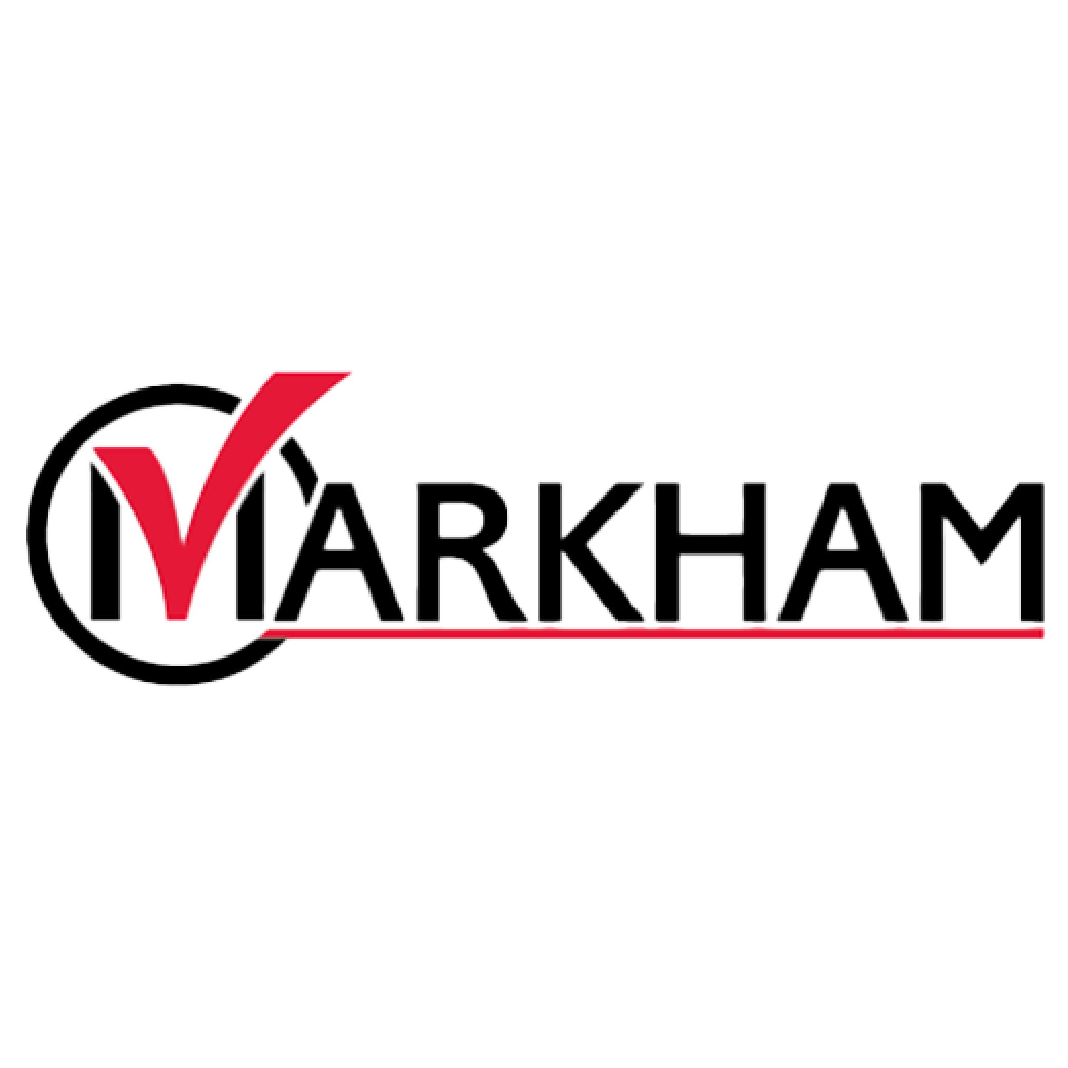 Close-up of a black background with a logo featuring a red check mark and white text that reads 'Varkham'.