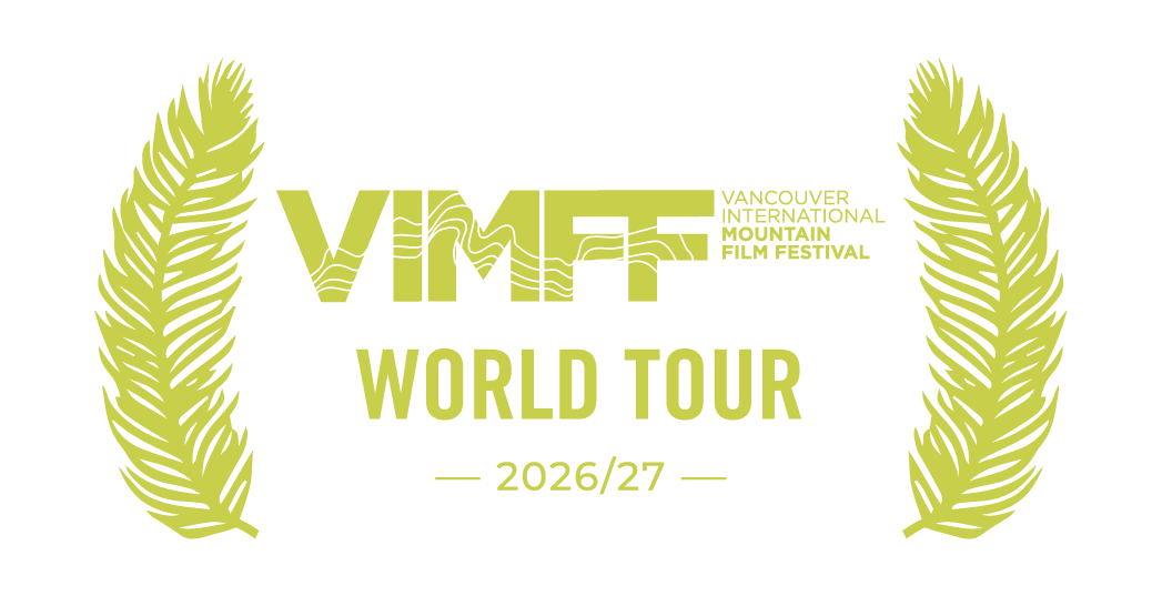 Logo for the Vancouver International Mountain Film Festival World Tour 2026/27, featuring stylized green mountain peaks on either side and text in green and black.