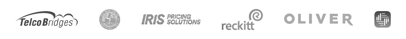 Logos of various companies including Telco Bridges, a circular emblem with a globe, IRIS Pricing Solutions, Reckitt, Oliver, and another logo, all arranged in a row.