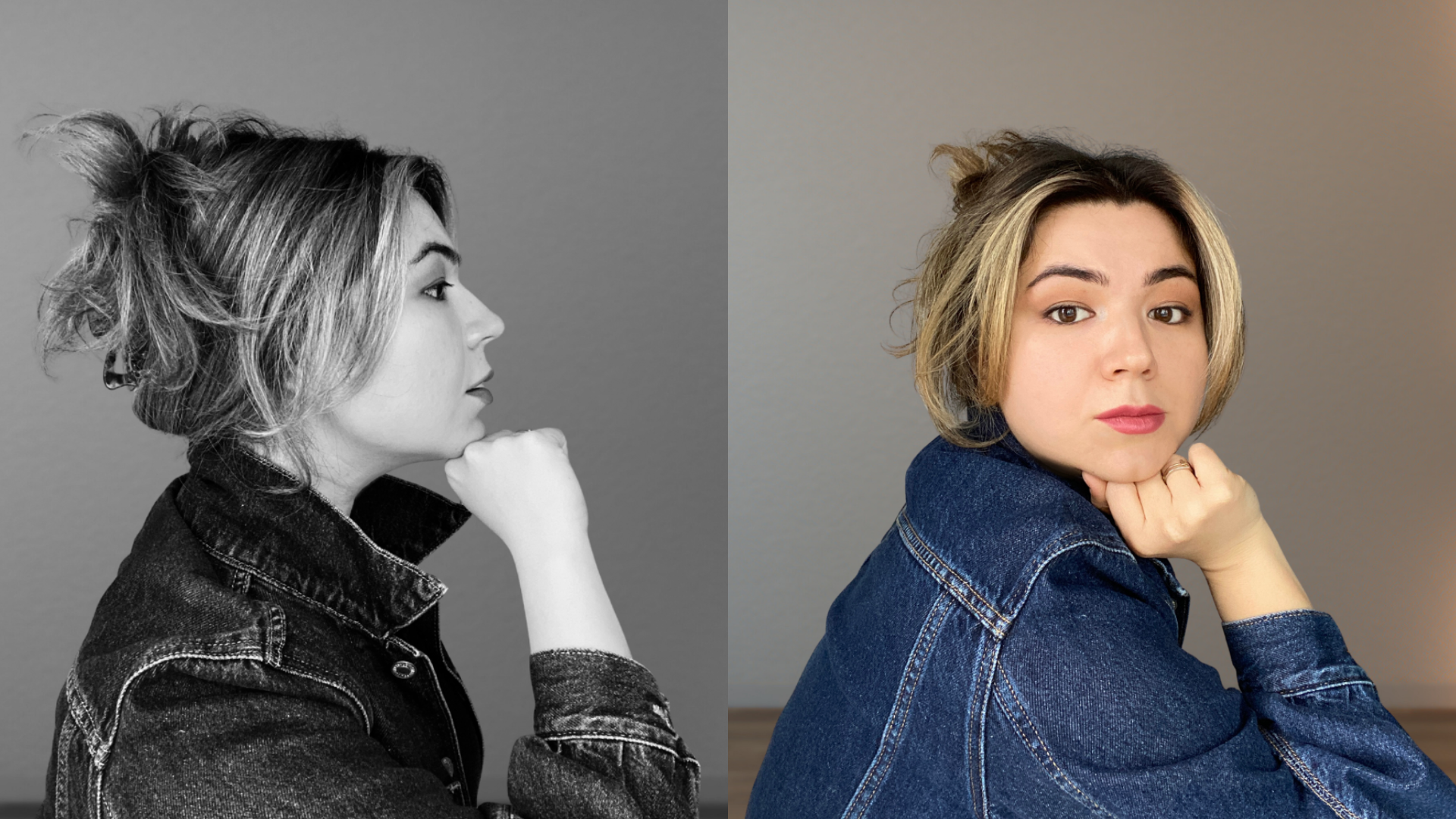 A side profile black and white photo of a woman with messy hair wearing a denim jacket on the left, and a color photo of the same woman with blonde hair and makeup, resting her chin on her hand, on the right.