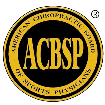 Logo of the American Chiropractic Board of Sports Physicians, featuring a yellow and black circular design with the acronym ACBSP in the center.