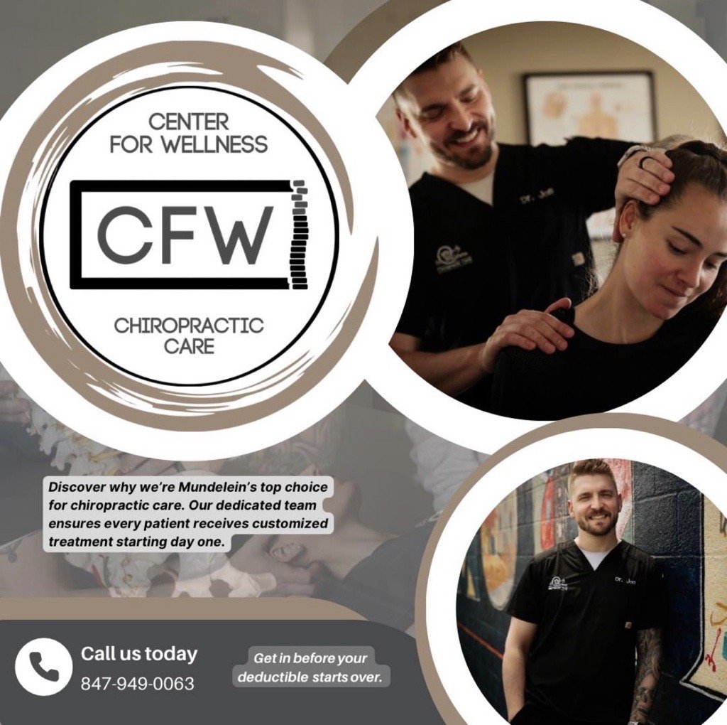 A promotional image for Center for Wellness Chiropractic Care featuring the clinic's logo, a photo of a chiropractor adjusting a female patient, a photo of a smiling male chiropractor, and contact information including a phone number.