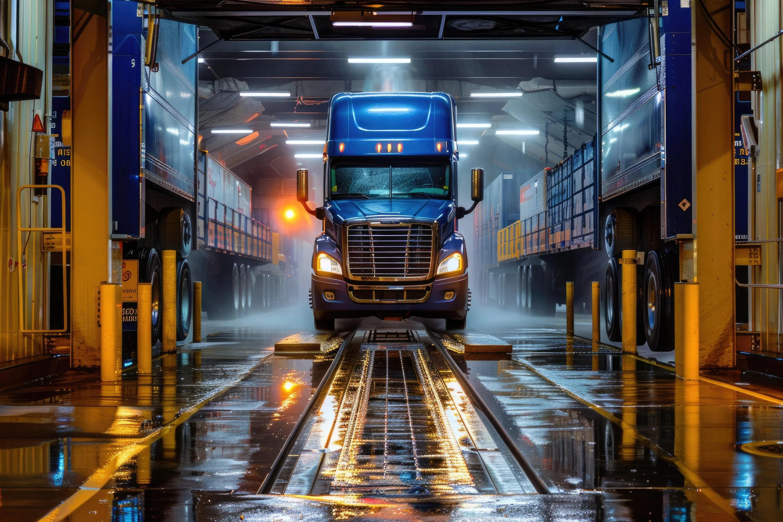 A blue semi-truck inside an automotive wash bay with high pressure water spraying and bright overhead lights reflecting on wet surfaces.