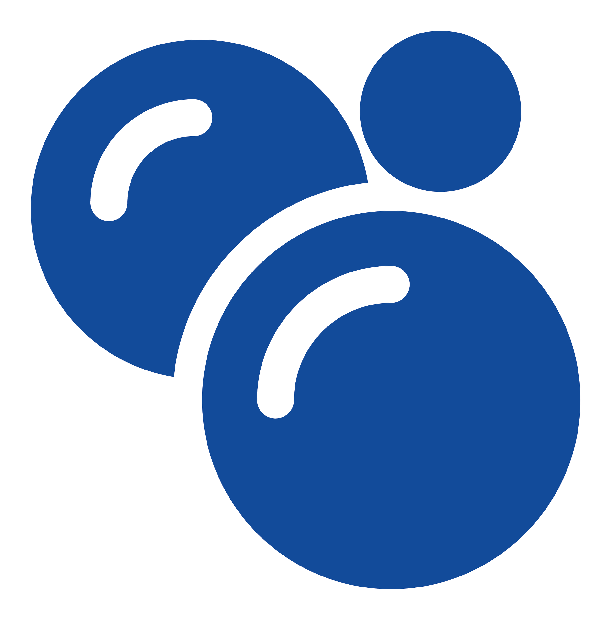 Close-up of a blue and white abstract logo design with overlapping circles and curved shapes.