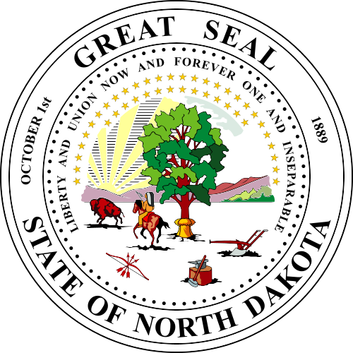Seal of the state of North Dakota featuring a tree, bison, farmer plowing, and landscape, with stars and inscriptions.