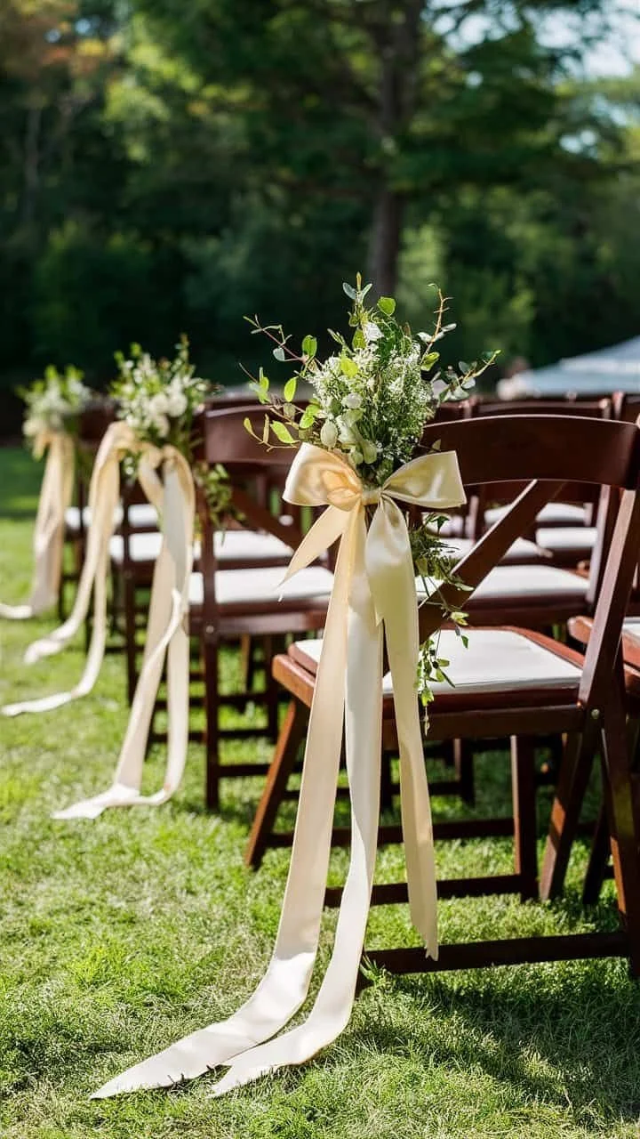 Wooden chairs decorated with white ribbons and floral arrangements at an outdoor wedding ceremony.