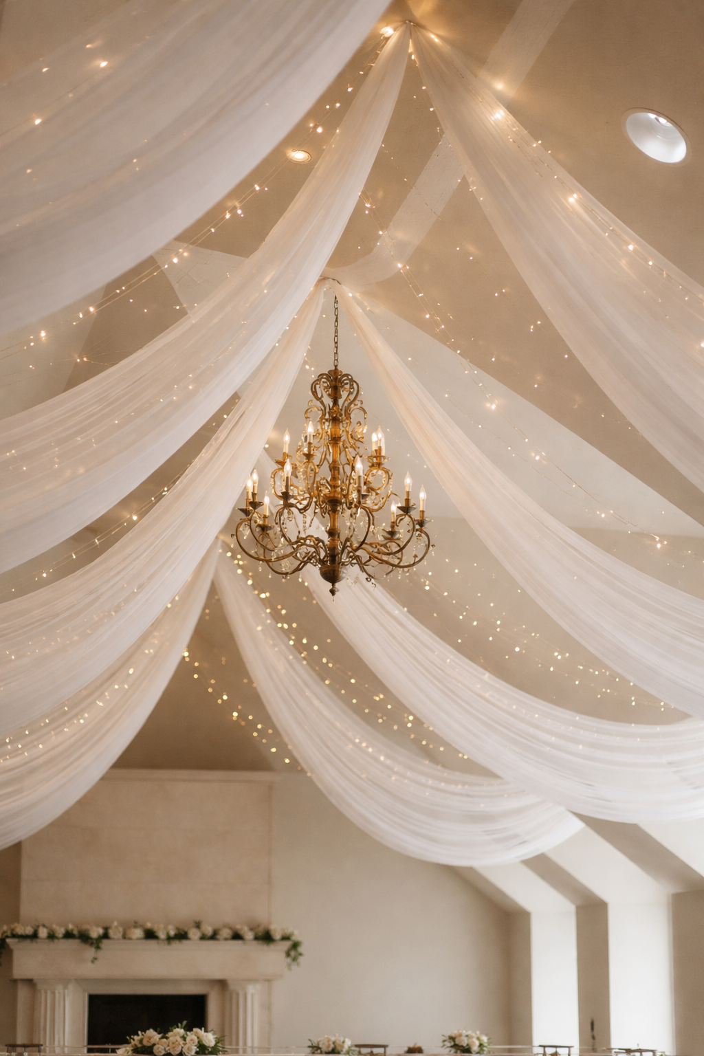 An elegant ceiling decorated with flowing white drapes, strings of fairy lights, and a gold chandelier.