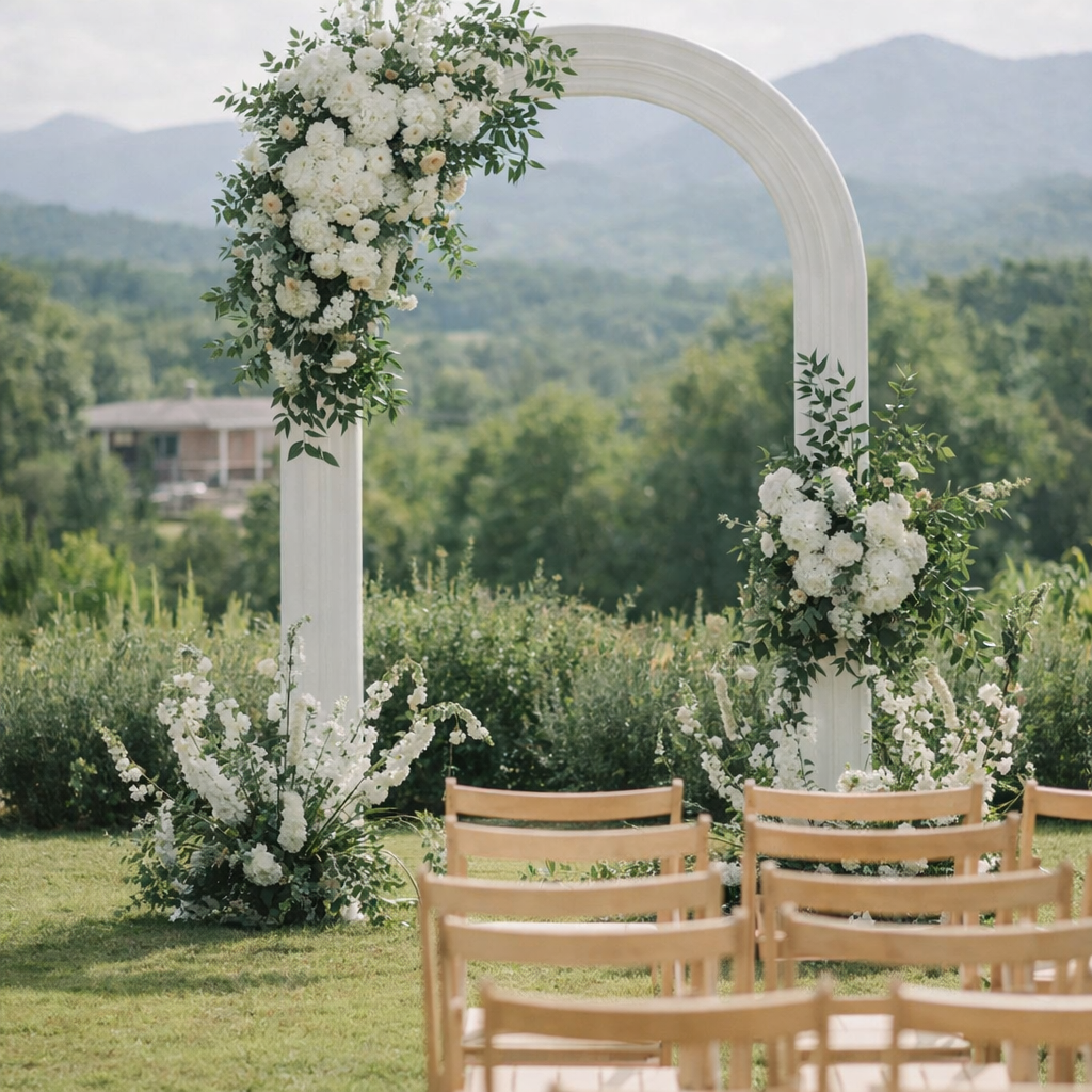 A white outdoor wedding arch decorated with white flowers and greenery, set up on a grassy area with wooden chairs arranged for guests, and a scenic landscape in the background.
