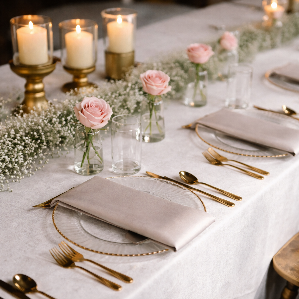 Elegant table setting with pink roses in small glass vases, white candles on gold candle holders, gold flatware, and white napkins on clear glass plates.