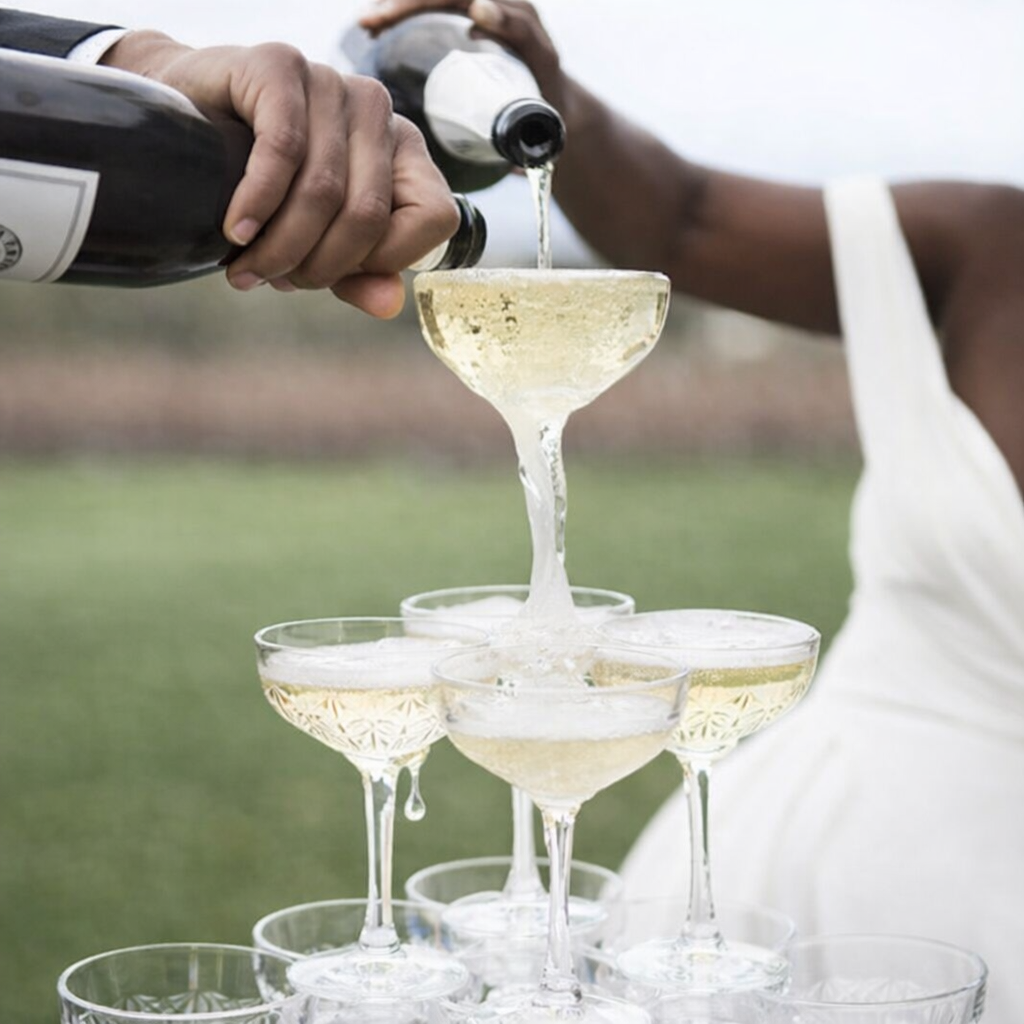 Person pouring champagne into a pyramid of glasses outdoors.