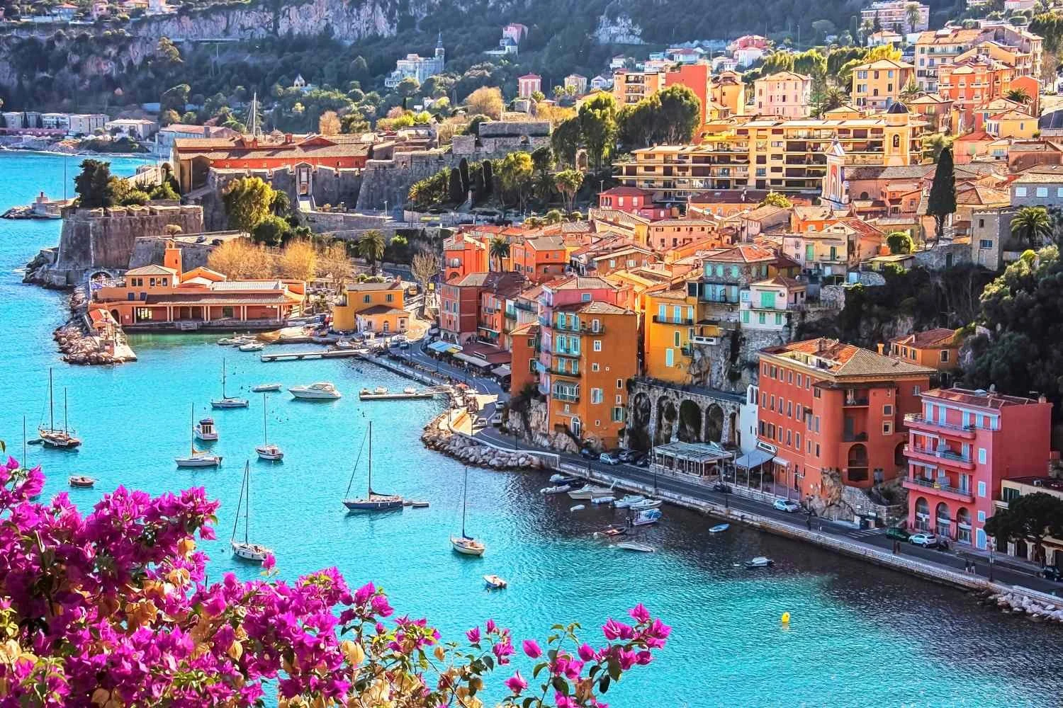 Colorful coastal town with orange and pink buildings along a clear blue harbor, boats docked in the water, and bright pink flowers in the foreground.