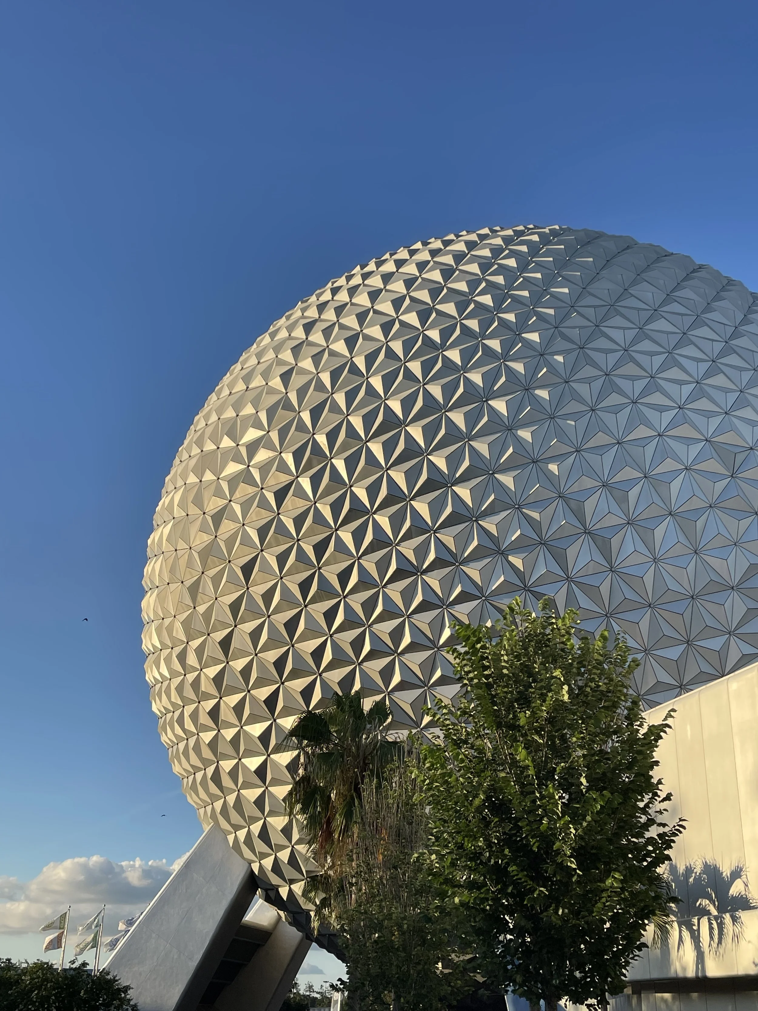 Epcot's Spaceship Earth geodesic sphere illuminated by sunlight, with trees and flags in the foreground.