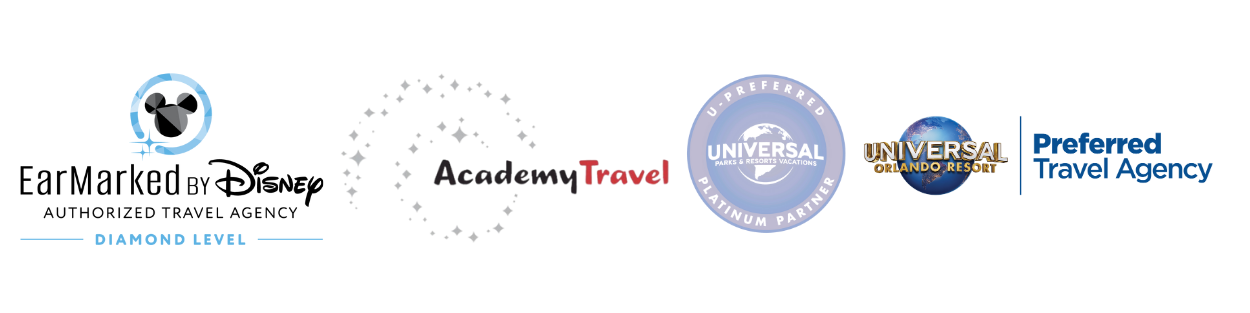 Logos of various travel and entertainment companies, including Disney, Universal Orlando Resort, and Academy Travel, on a black background.