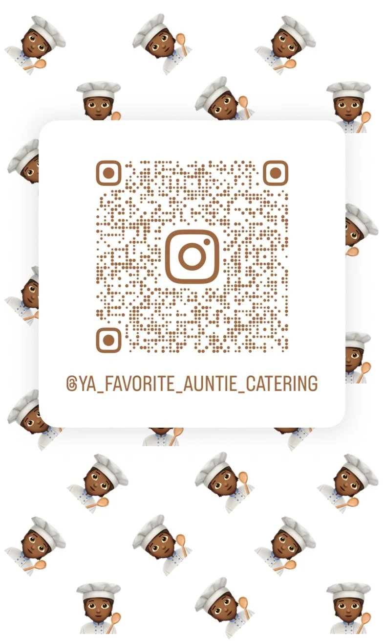A QR code with the Instagram handle '@YA_FAVORITE_AUNTIE_CATERING' written below. The background is decorated with repeating emojis of a woman chef with dark skin, wearing a white chef hat and coat, holding a wooden spoon.