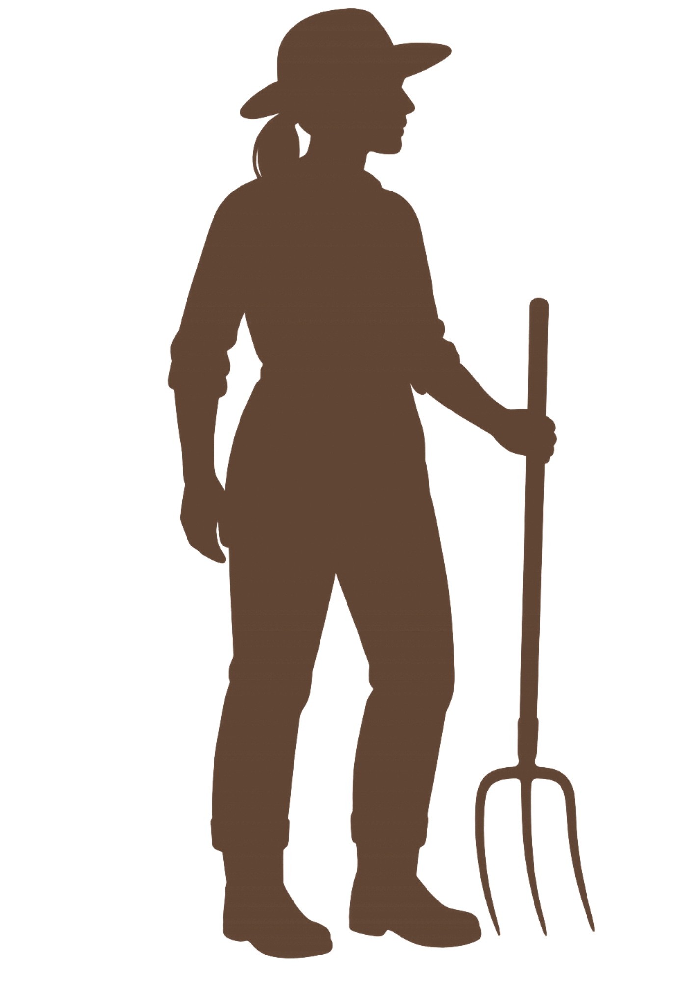 Silhouette of a woman farmer wearing a wide-brimmed hat, holding a pitchfork.