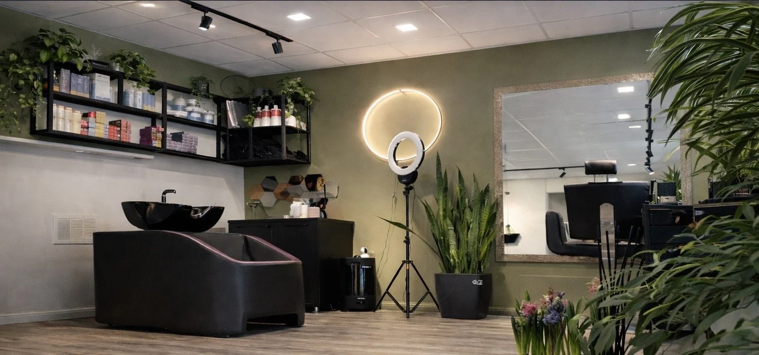 Interior of a hair salon with a black shampoo station, shelves with hair products, a large mirror, a ring light, plants, and salon chairs.