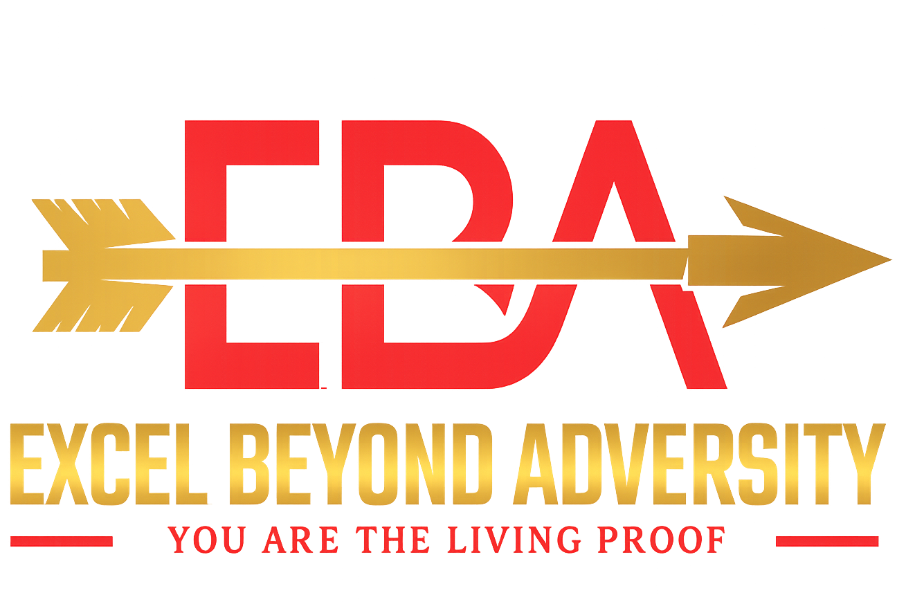 Logo for TLC with gold arrow and red and gold text that reads "Excel Beyond Adversity" and "You Are the Living Proof"