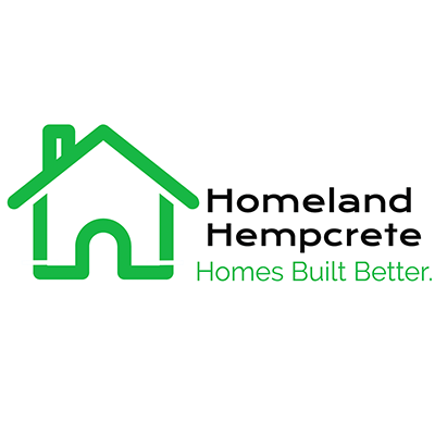 Logo of Homeland Hempcrete featuring a green outline of a house and the company name with the slogan "Homes Built Better".