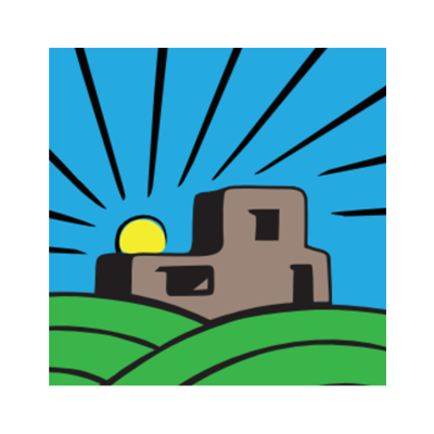 Illustration of a building on green hills with a sun rising or setting and radiating lines in the background.