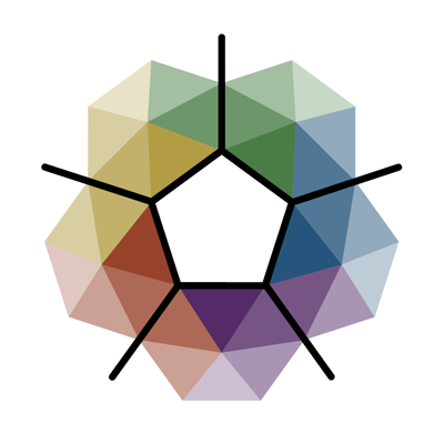 A colorful geometric clock with an irregular pentagon in the center, surrounded by a ring of 12 hexagons in various colors, with black clock hands indicating the time.