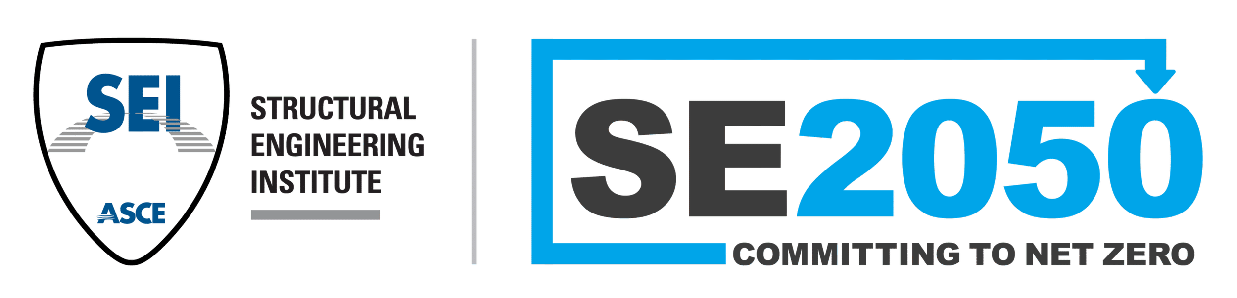 SEI logo with shield design, text 'Structural Engineering Institute', 'SE 2050', and the slogan 'Committing to Net Zero'.
