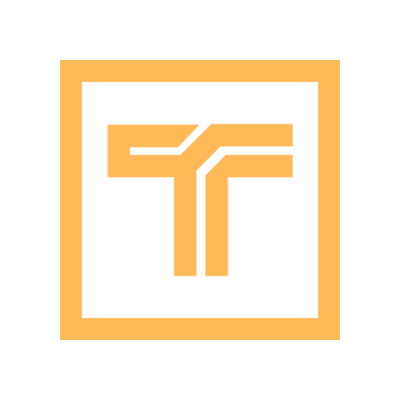 A black and orange logo featuring a stylized T inside a square.