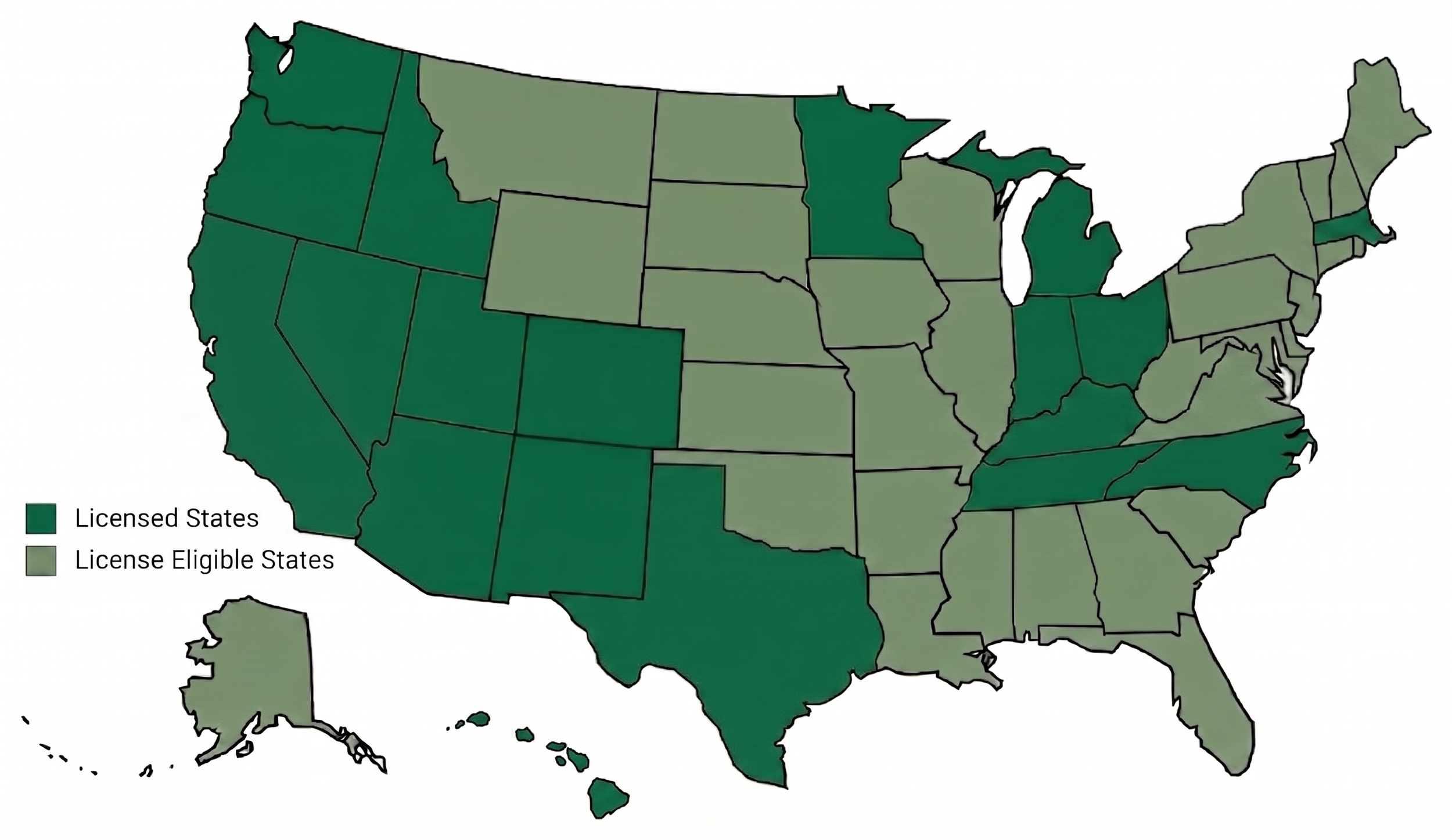 Map of the United States showing states with licensed drivers in dark green and states eligible for licenses in light green.