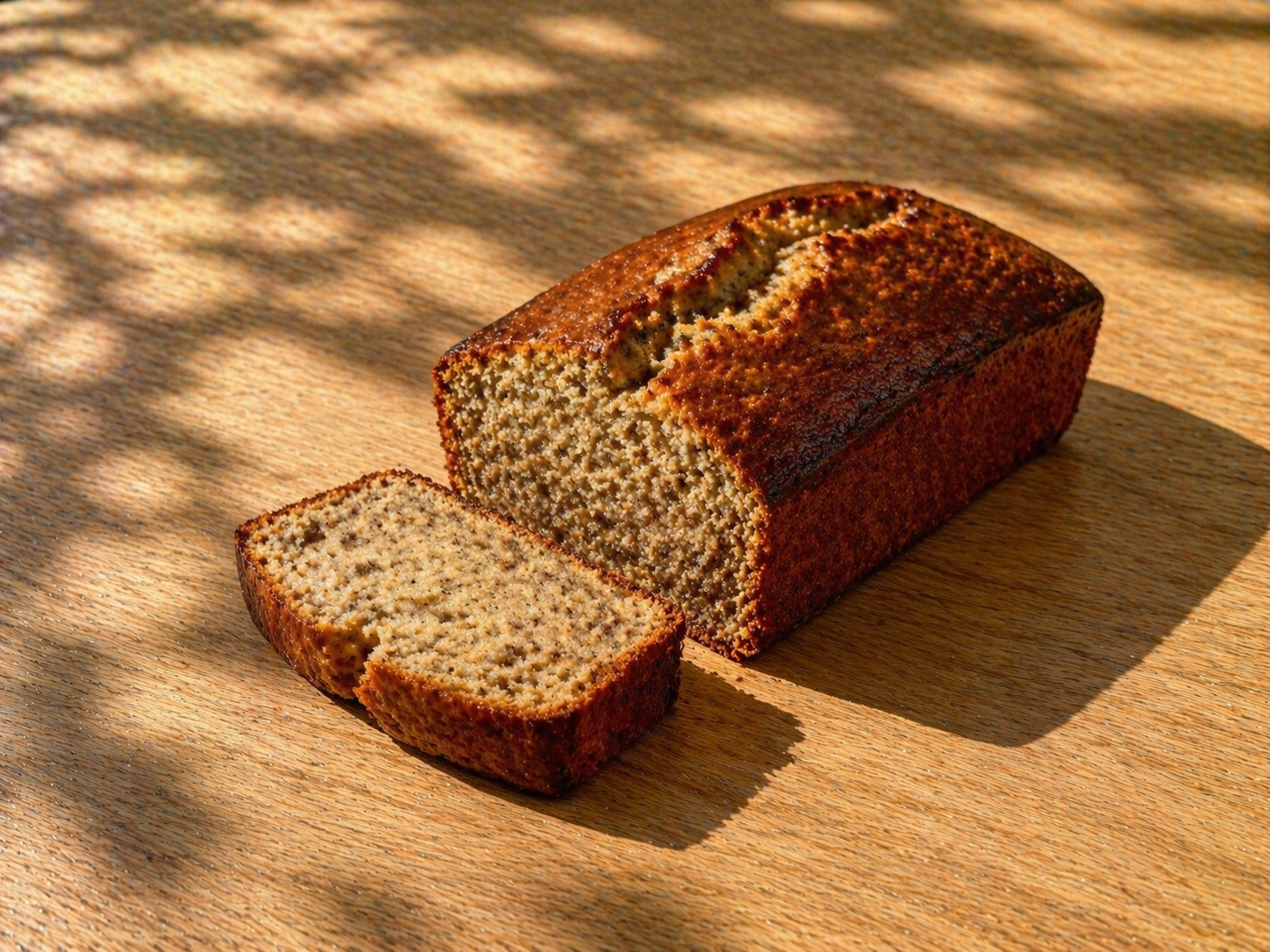 Banana bread loaf with a slice cut, on a wooden surface with dappled sunlight.