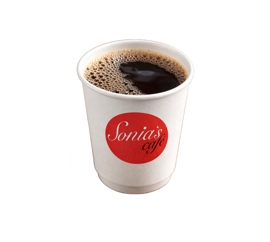 Disposable white cup filled with black coffee, featuring a red circle logo with the text 'Sonia's cafe' in white and black lettering.