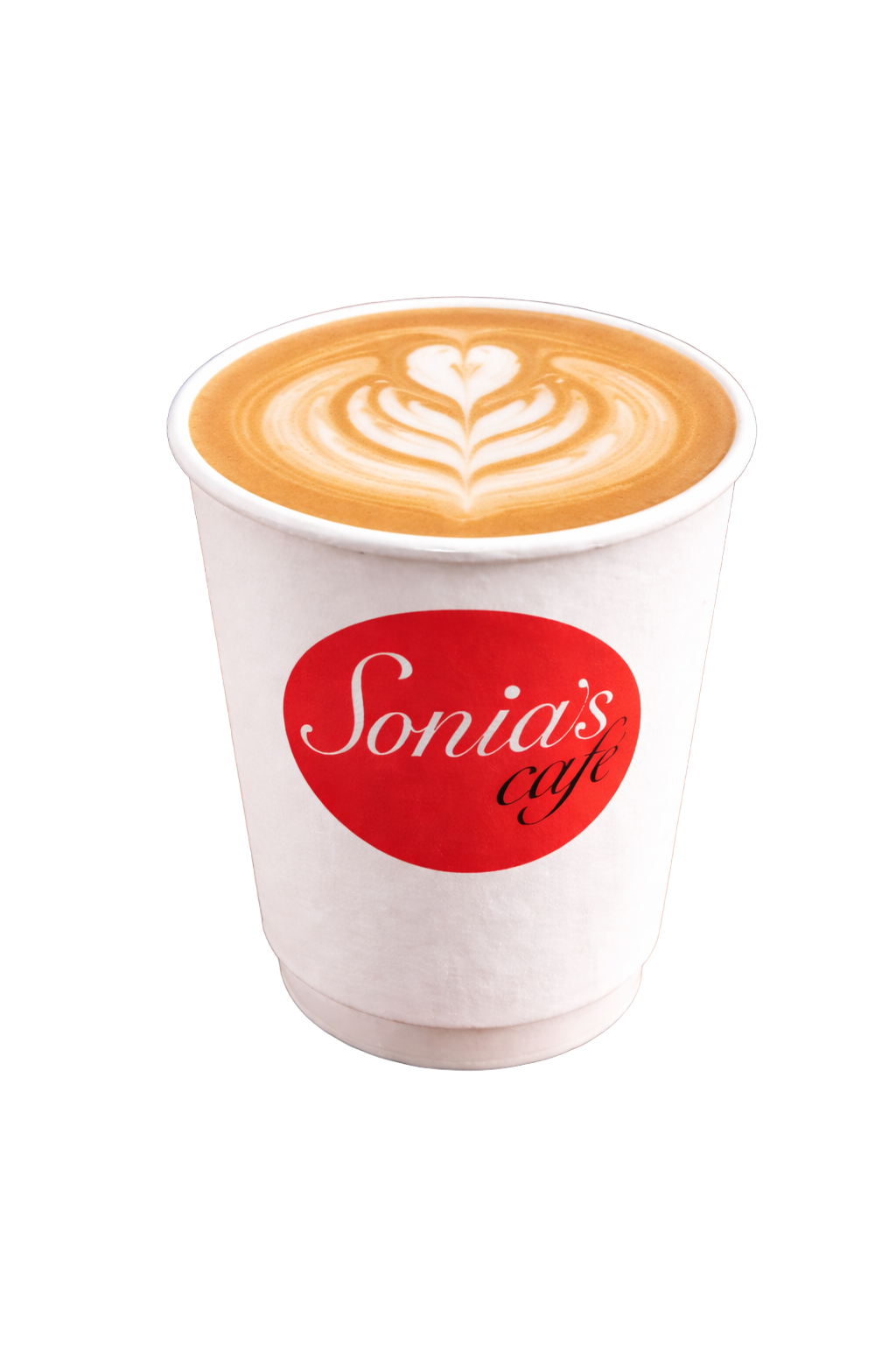 A cup of coffee with latte art on top, featuring a heart-shaped pattern, in a white cup with red label reading "Sonia's cafe".
