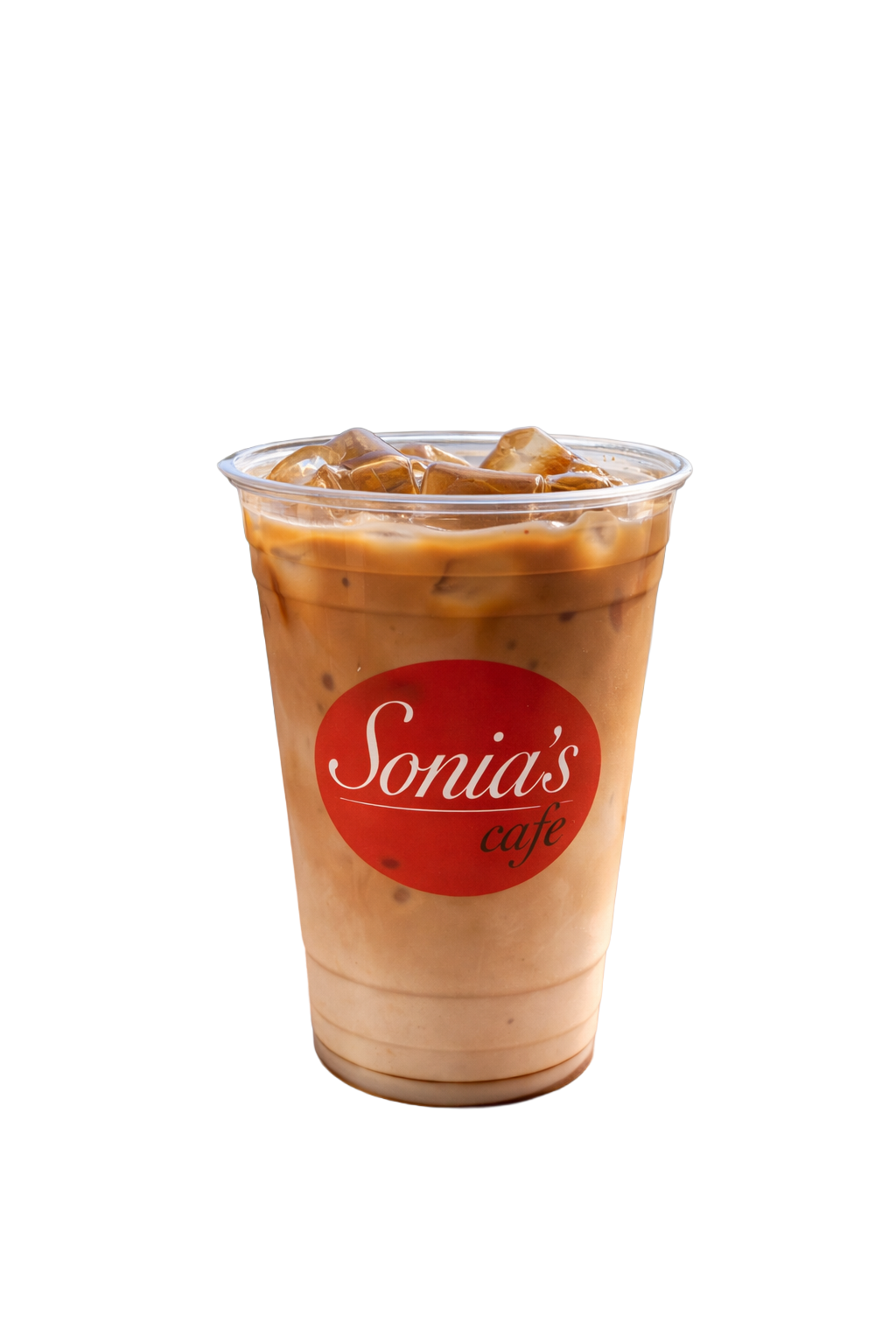 Plastic cup filled with iced coffee and ice cubes, featuring a red circle logo that reads 'Sonja's café' in white and black text.